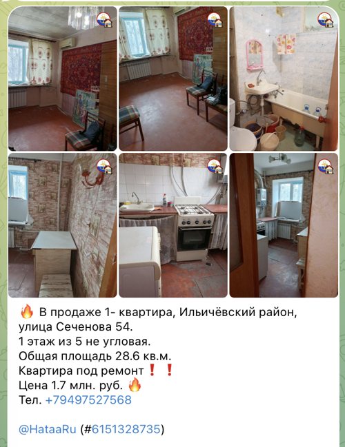 Telegram listing: Sechenova 54 unit A — 28.6 m², 1-room, floor 1/5, 1,700,000 ₽, seller handle redacted